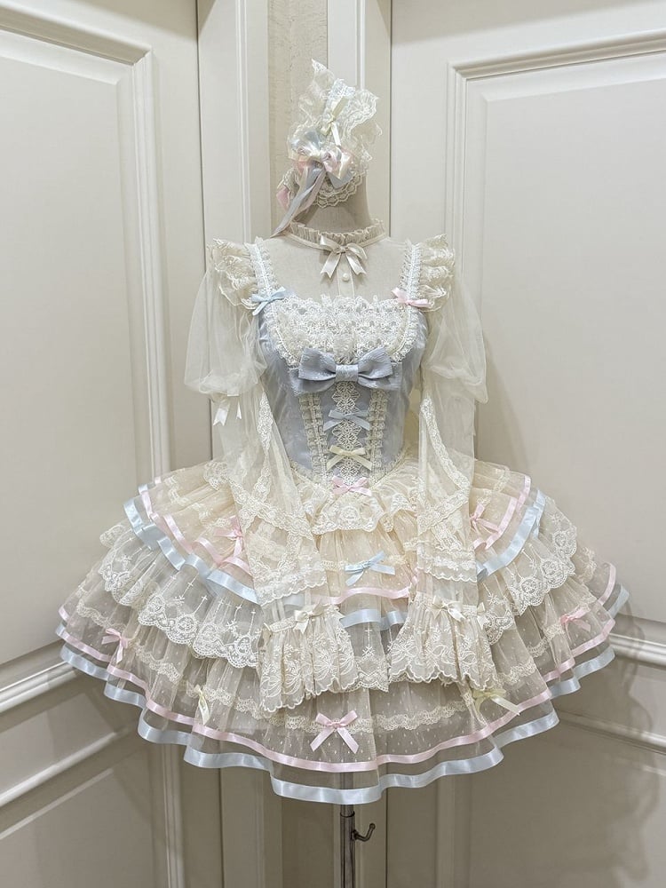 Blue Corset Waist Layered Tulle Skirt Princess Lolita JSK with Big Bow at Back