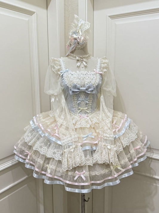 Blue Corset Waist Layered Tulle Skirt Princess Lolita JSK with Big Bow at Back