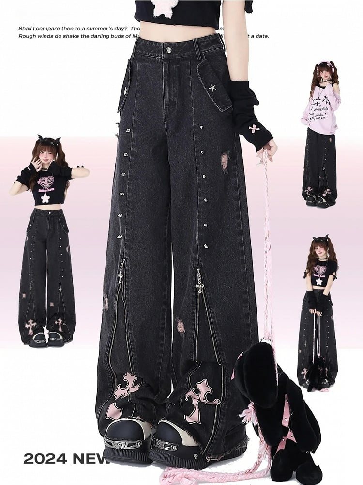 Studs Detail Black Punk Zips Design High Waist Jeans