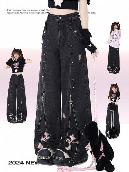 Studs Detail Black Punk Zips Design High Waist Jeans