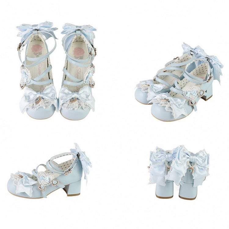 Blue Sweet Lolita Bowknot Details Crisscross Design Heart Buckle Straps 5CM Block Heels Shoes
