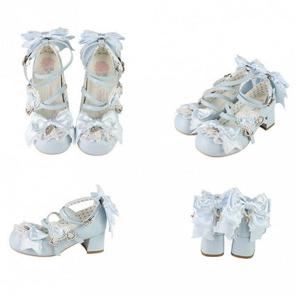 Blue Sweet Lolita Bowknot Details Crisscross Design Heart Buckle Straps 5CM Block Heels Shoes