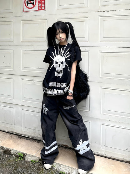 Y2K Black Round Neck T-shirt with Silver Foil Skeleton Print