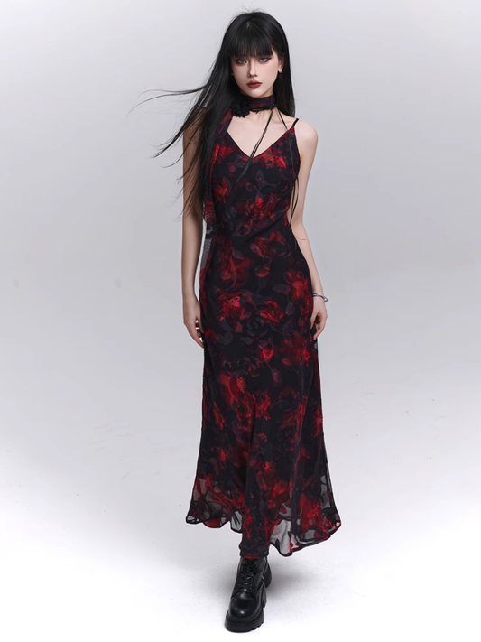 Red and Black V-Neck Ankle Length Floral Slip Dress