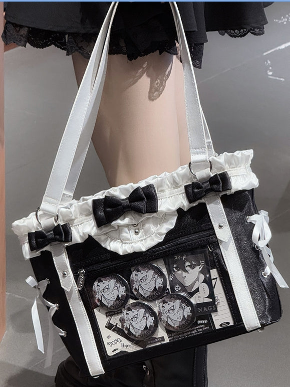 Black&White Bowknot Details Ruffles Trim Lace-up Design Ita Bag