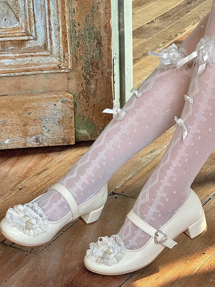 Yellow Bow at Top Lace Trim Beaded Heart Buckles Lolita Shoes