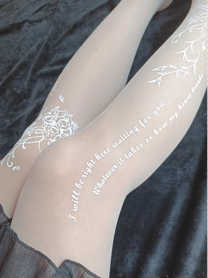 White Semi-sheer Rosette Print Lolita Tights