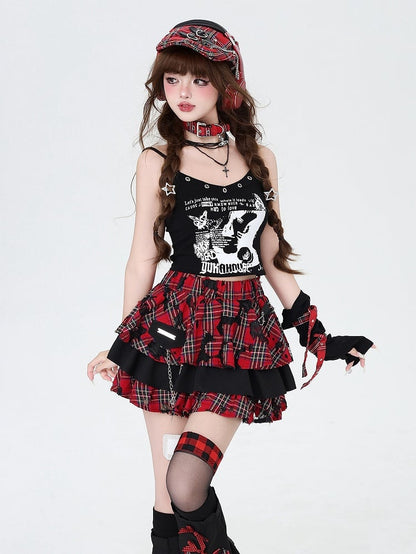 Punk Rock Chain Decorated Red and Black Plaid Tiered Skirt with Free Leg Sleeves