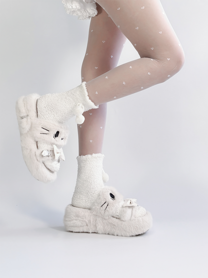 White Jirai Kei Platform Slippers: Plush Kitten Embroidery with Bow & Heart Charm