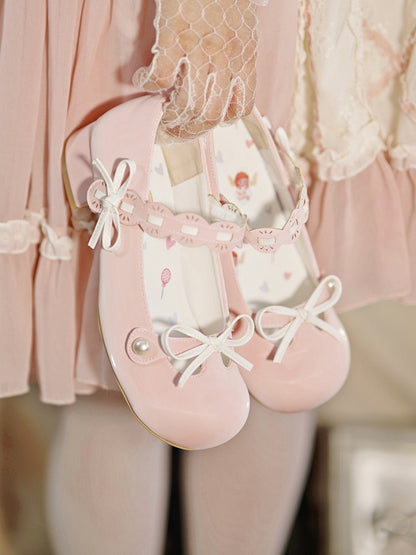 Pink Beaded Decorated Knotted Bow at Top Round Toe Lolita Shoes