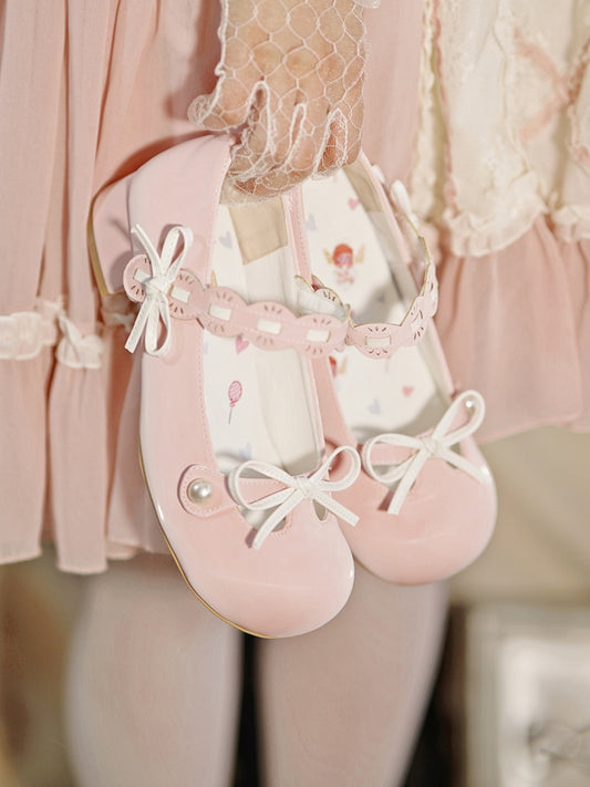 Pink Beaded Decorated Knotted Bow at Top Round Toe Lolita Shoes