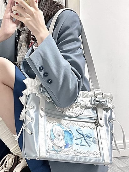 Blue&White Bowknot Details Ruffles Trim Lace-up Design Ita Bag