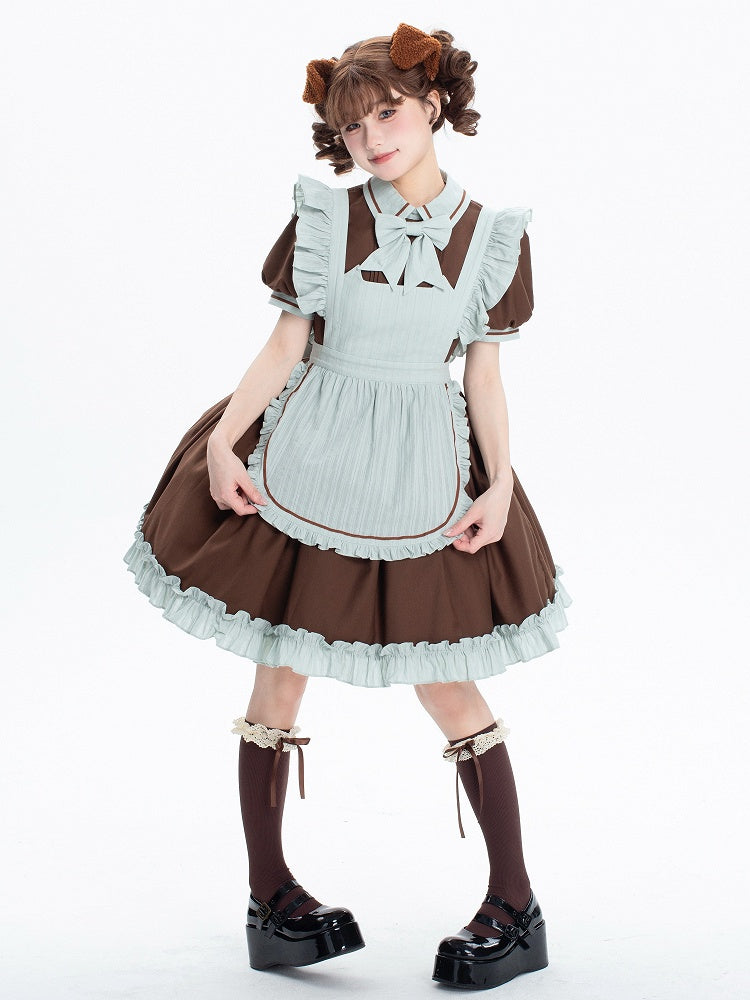 Brown and Mint Green Kitty Maid Lolita Short Puff Sleeves Dress + Apron