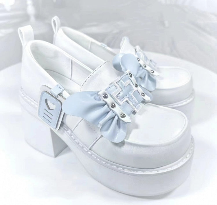 Punk Cross Wings White and Blue Jirai Kei Platforms High Block Heel