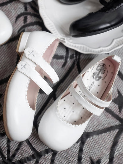 White Gothic Cross Embroidery Velcro Strap Closures Round Toe Flats