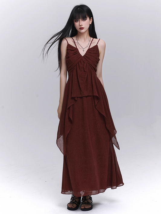 Dark Red Elastic Waist Ankle Length Skirt