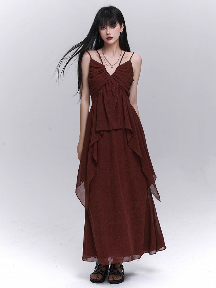 Dark Red V-neck Handkerchief Hem Cami Top