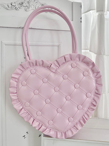 Pink Ruffle Trim Quilted Heart Bag – Elegant Lolita Style Handheld Purse