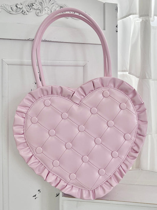 Pink Ruffle Trim Quilted Heart Bag – Elegant Lolita Style Handheld Purse