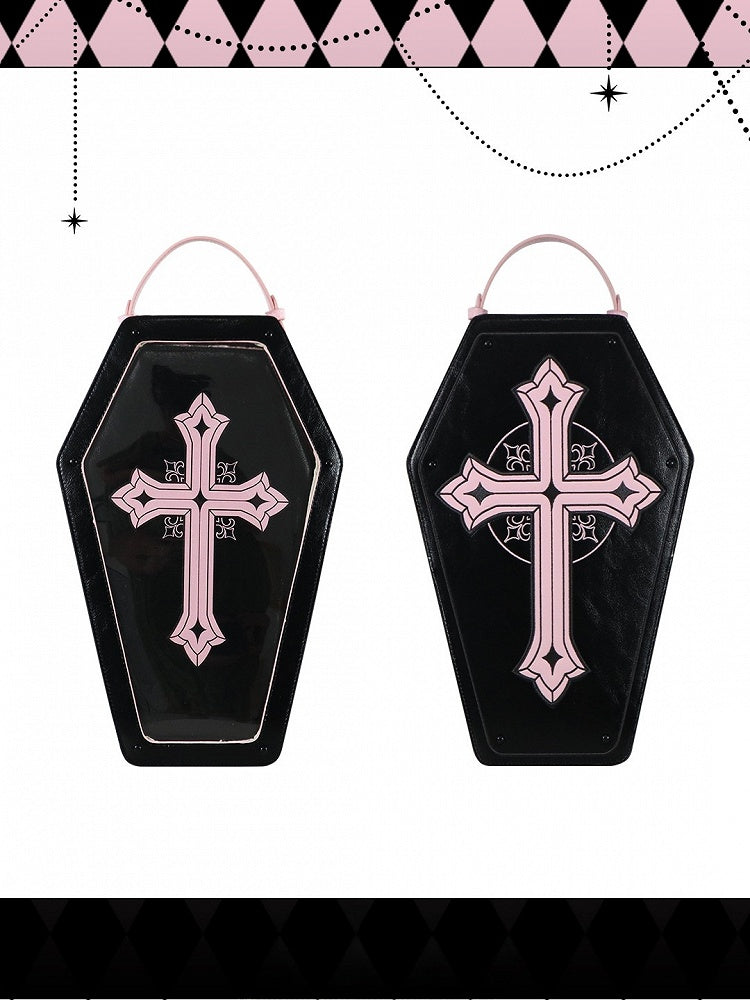 Black&Pink Cross Decorated Coffin-Shaped 1/6 Scale BJD Doll Bag with Two Straps