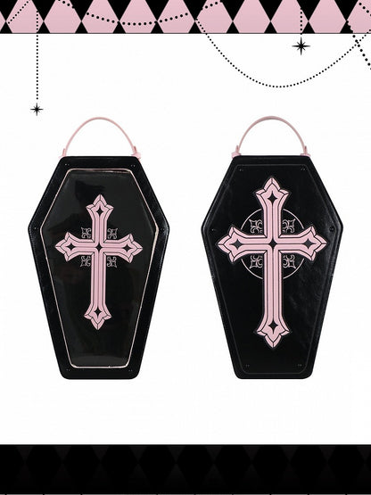 Black&Pink Cross Decorated Coffin-Shaped 1/6 Scale BJD Doll Bag with Two Straps
