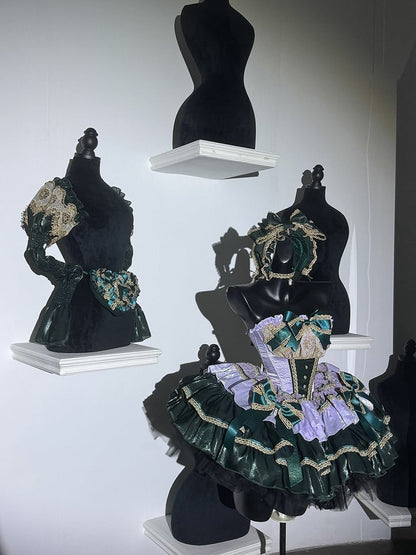 Green and Light Purple Layers Puffy Lolita Dress with Gold Lace Trim and Bow Accents