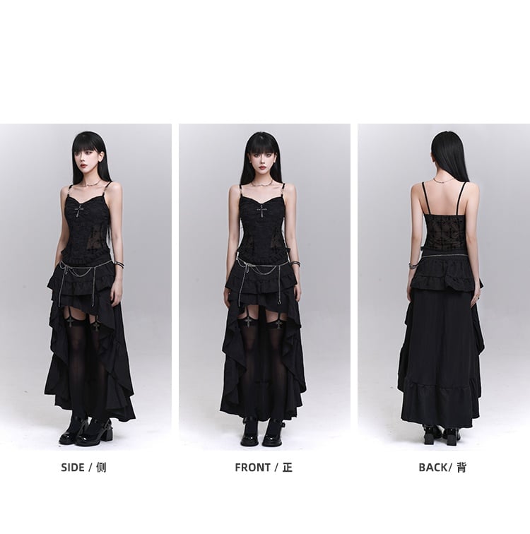 Black Lace Patches Waist Cross Decorated Cami Top with Beaded Chains