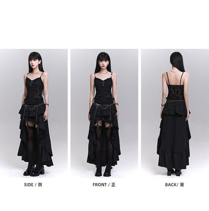 Black Lace Patches Waist Cross Decorated Cami Top with Beaded Chains