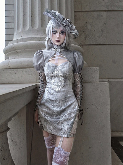 Clearance - Size M for Shoulders 32CM Rose Funeral Gothic Stand Collar Long Sleeves Cropped Jacket