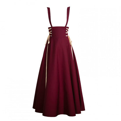 Wine Red Vintage Long Skirt with Side Lace-up and Shoulder Straps