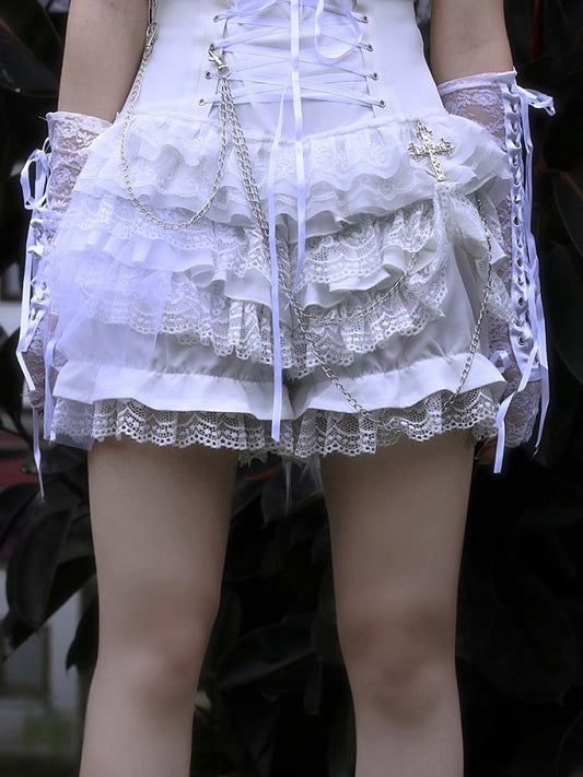 Clearance-Size M for Waist 72CM Gothic Punk Lace-up Lace Tiered Culottes