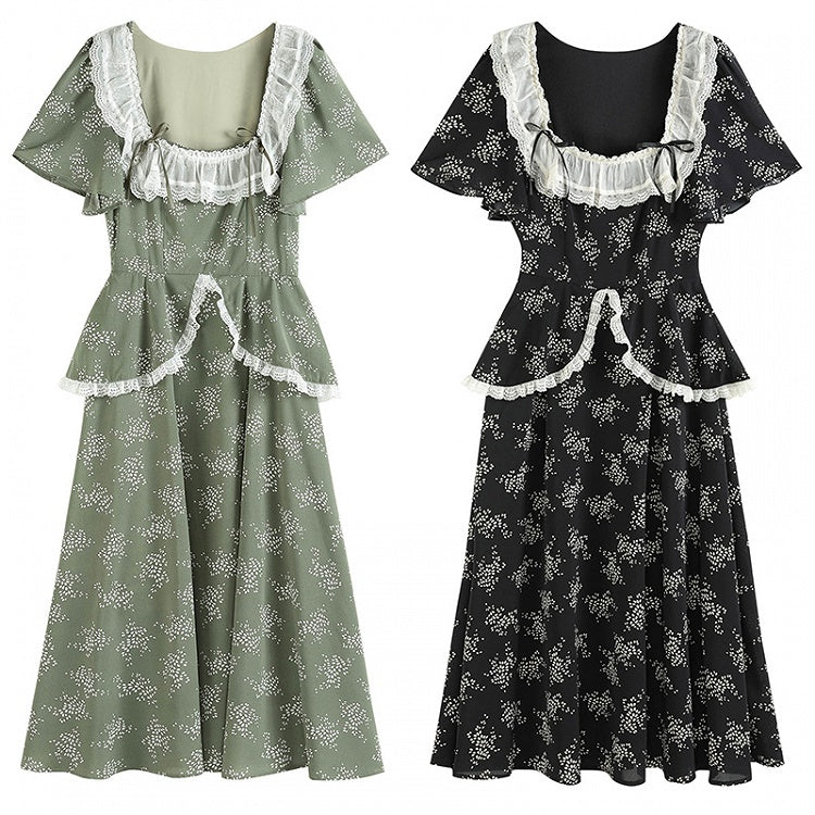 Blackberry and Laurel Vintage Lace Square Neckline SHort Sleeves Long Dress