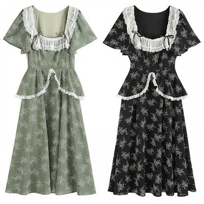 Blackberry and Laurel Vintage Lace Square Neckline SHort Sleeves Long Dress