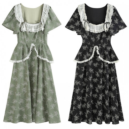 Blackberry and Laurel Vintage Lace Square Neckline SHort Sleeves Long Dress