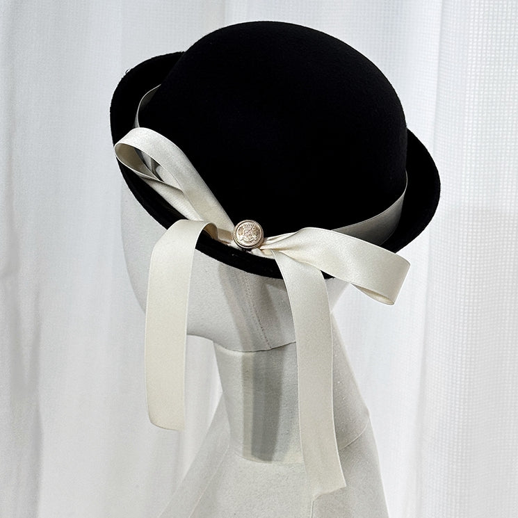 Ouji Lolita Black Hat with Beige Satin Bow
