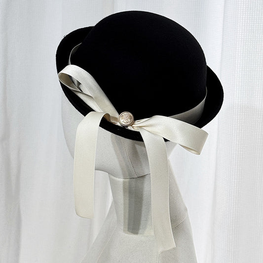 Ouji Lolita Black Hat with Beige Satin Bow