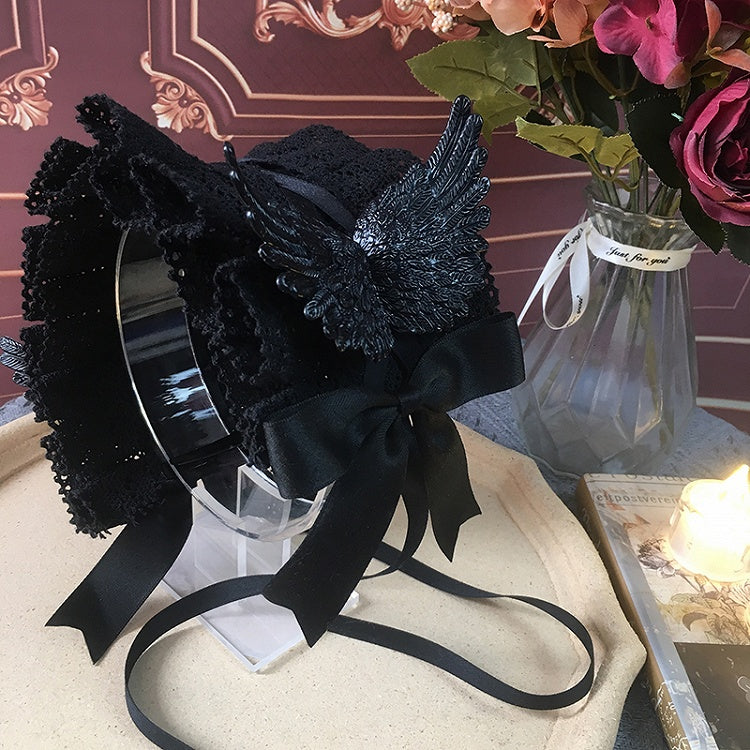 Vintage Gothic Lolita Bowknots Hairband with Angel Wings White&Black/Black