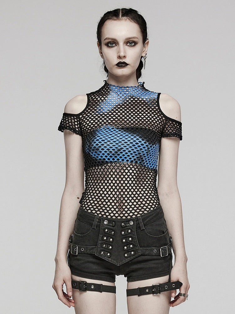 Black and Blue Punk Tie-dyed Mesh Short Sleeve T-shirt