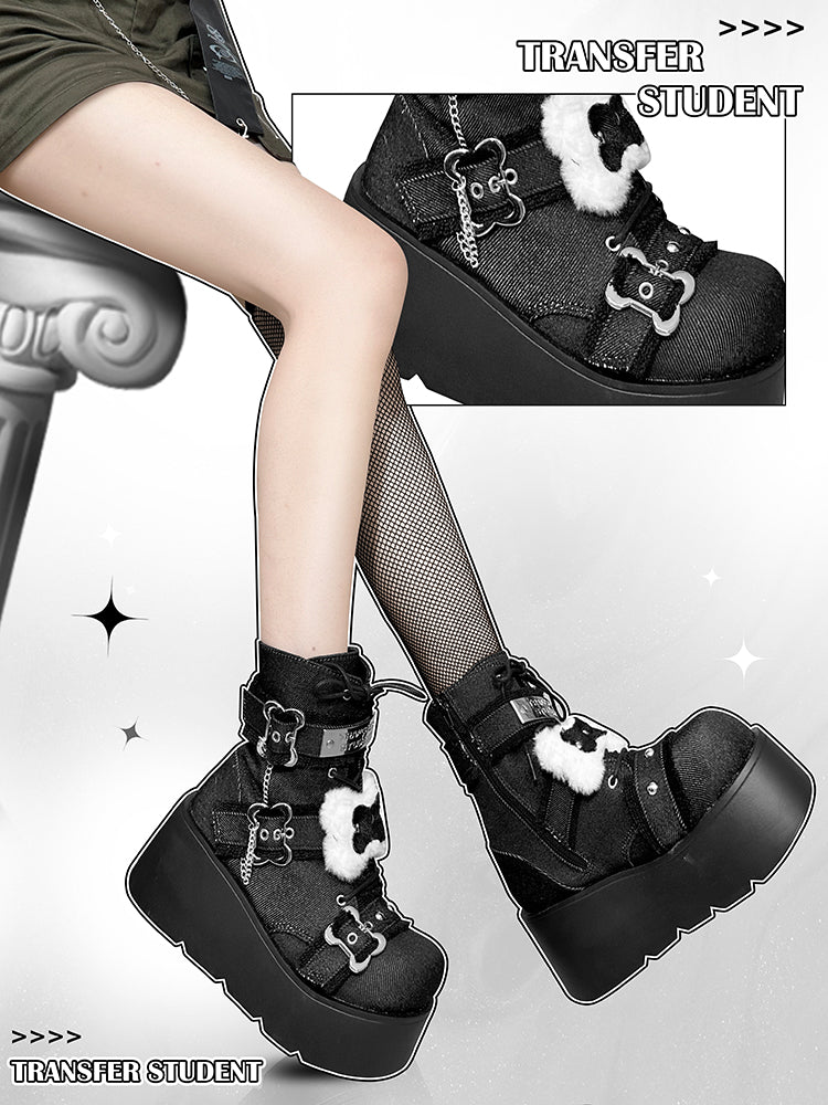 Buckle Straps Plush Bone Decorated Denim Black Punk Platform Boots