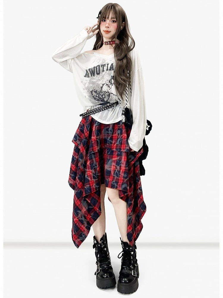 White Asymmetrical Neckline Print Design Long Sleeves Top