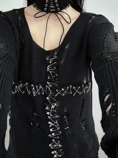 Black/Black & Red Lace Cross Hollowed-out Design Gothic Sweater