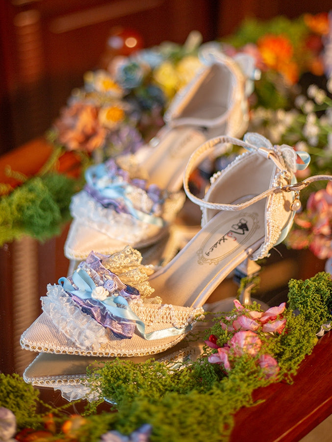 Blue&Purple Beaded Decorated Knotted Bow Accent Floral Design Pointed Toe 5CM/8CM High Heels