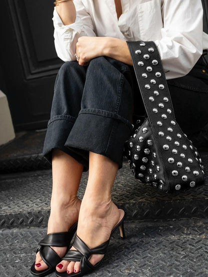 Edgy Black Studded Wide-Strap Shoulder Bag