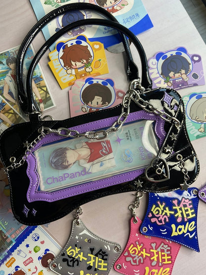 Black & Purple Bone Shape Ita Shoulder Bag with Cross Charm Chain