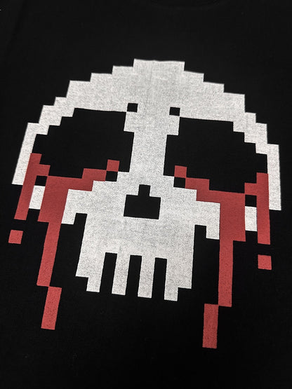Black/White Round Neck Pixel Skeleton Print Cotton T-Shirt