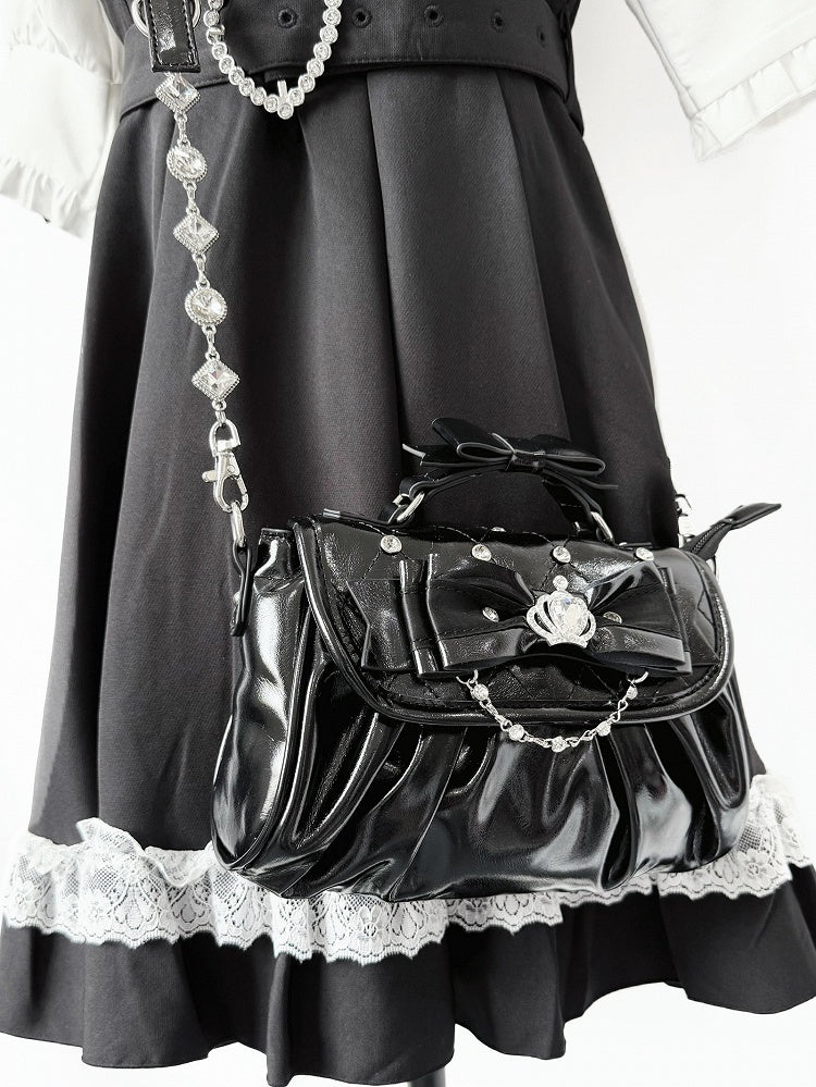 Black Jirai Kei Crossbody Bag - Interchangeable Rhinestone Strap & Crown Bow with Heart Bag