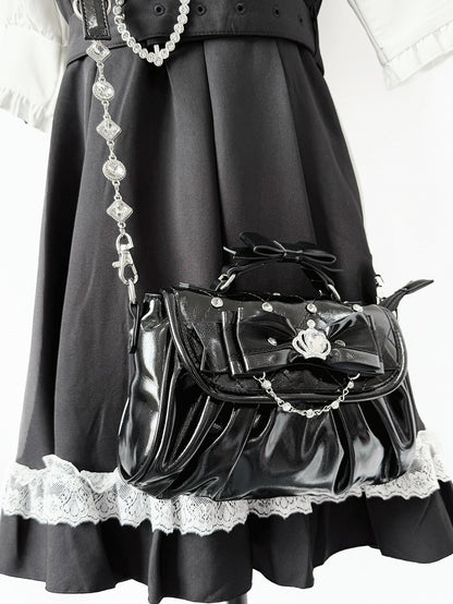 Black Jirai Kei Crossbody Bag - Interchangeable Rhinestone Strap & Crown Bow with Heart Bag