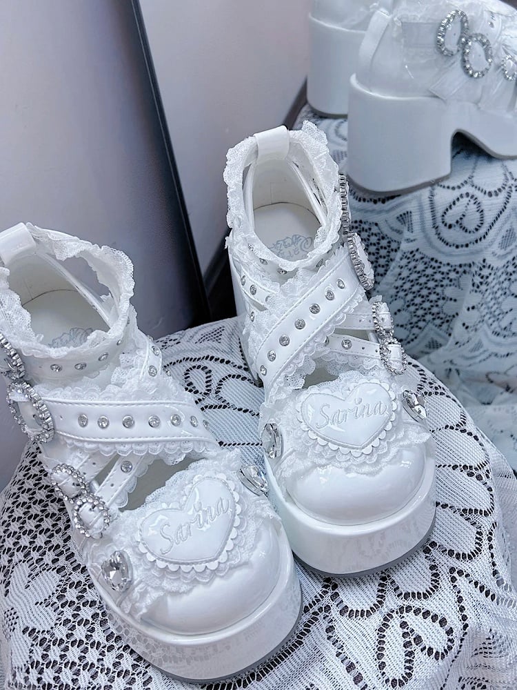 Jirai Kei White Platform Shoes: Round Toe with Lace-Trimmed Cross Strap and Chunky Block Heel