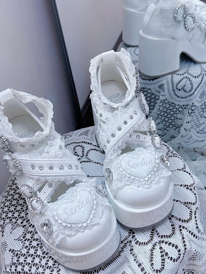 Jirai Kei White Platform Shoes: Round Toe with Lace-Trimmed Cross Strap and Chunky Block Heel