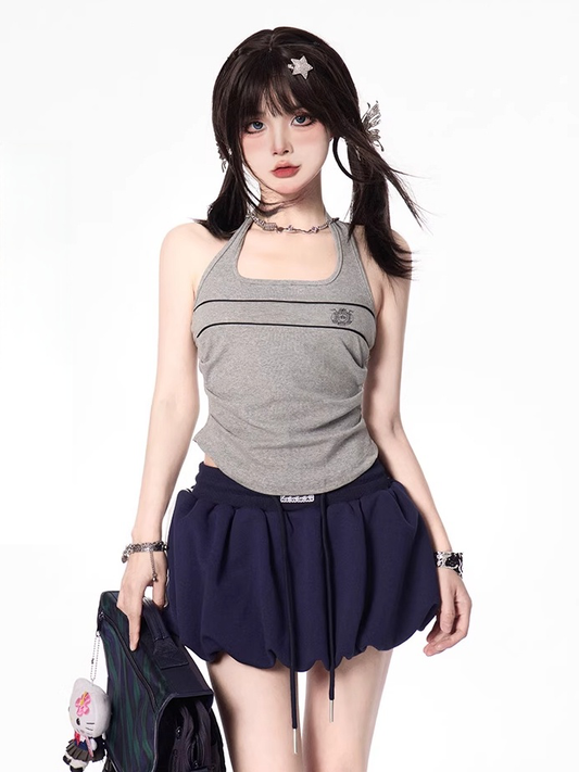 Gray Halter Neck Slim-fitting Sports Tank Top